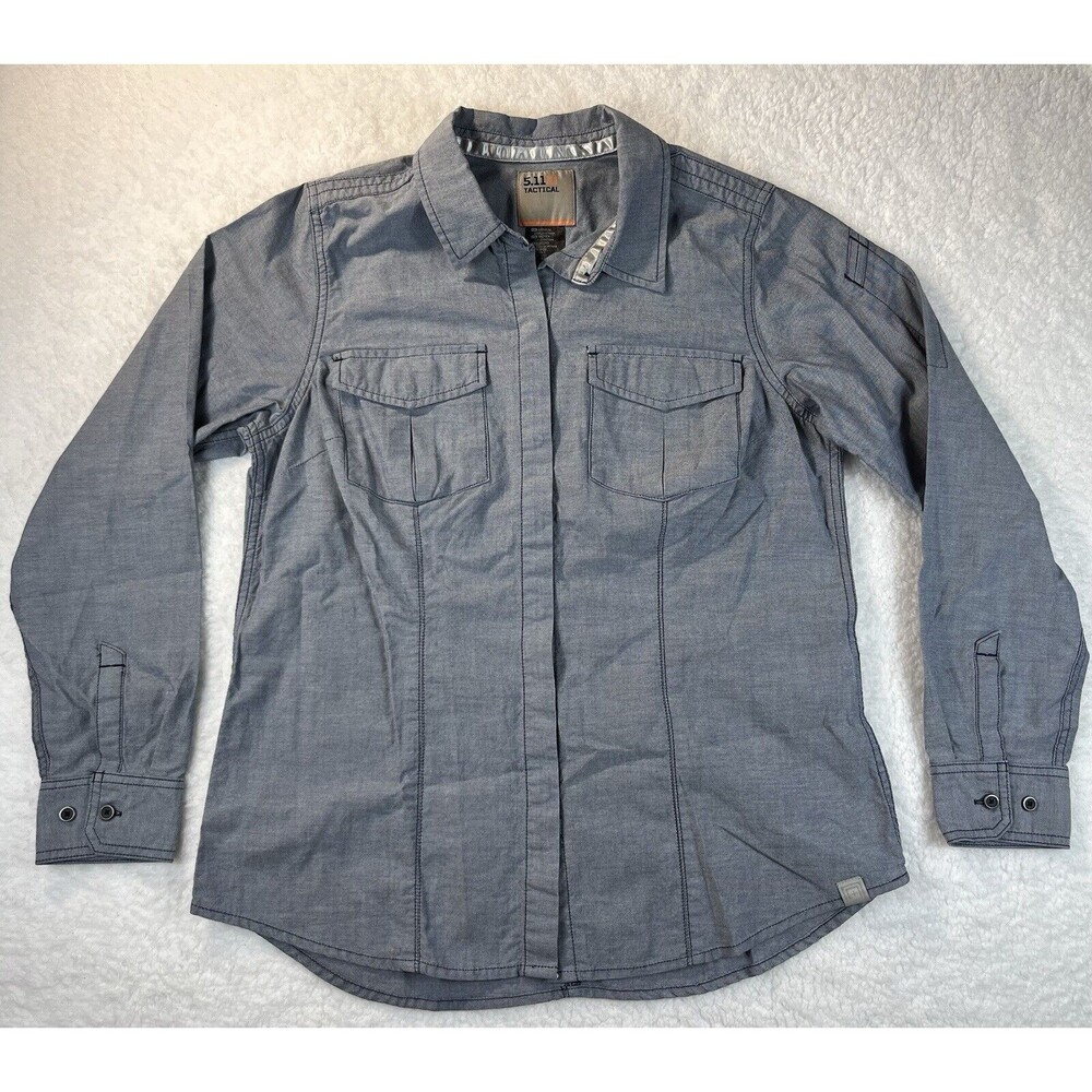 5.11 Tactical Shirt Womens Sz M Blue Top Long Sleeve Hidden Snap Cotton Utility